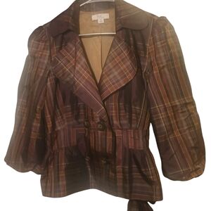 Dressbarn Brown and Blue Plaid Jacket with Peplum Waist